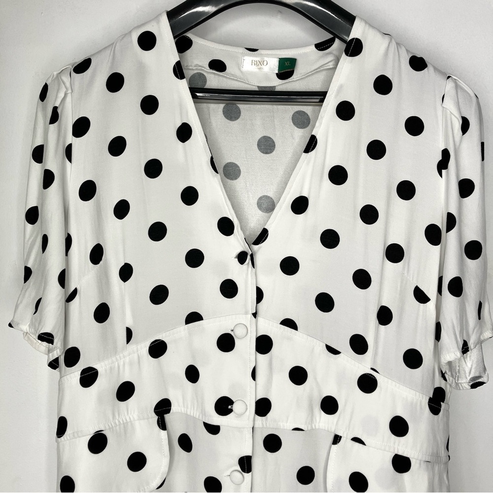 RIXO London Laura Button Down Mini Dress in Black & White Polka Dot XL - Picture 6 of 12